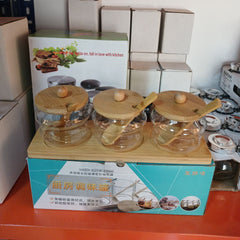 طقم توابل زجاج مموج بقاعدة خشب - 300 مل